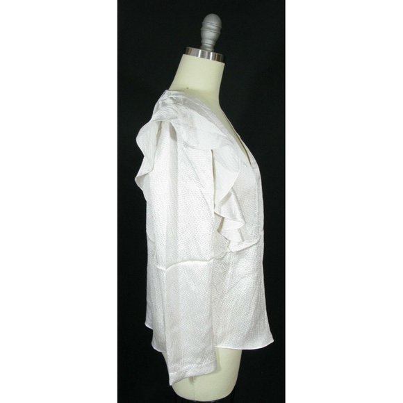 REBECCA TAYLOR Size 2 Ivory Long Sleeve Ruffle Hammered Silk V neck Blouse Top - Picture 2 of 4